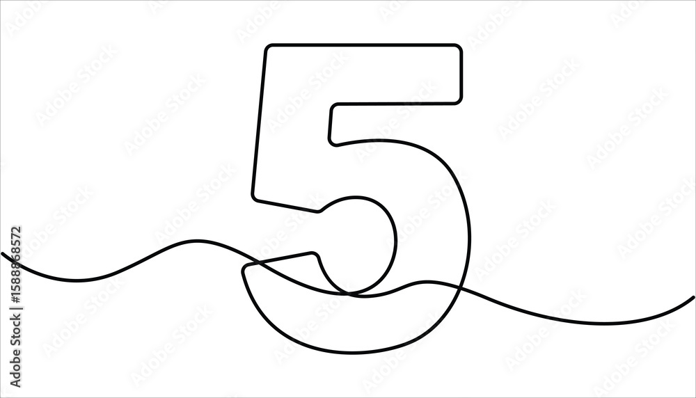 Poster continuous line vector design of number 5 with editable outline format. number five continuous one l