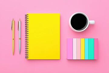 Creative flat lay with yellow notebook coffee and pastel stationery on pink background for office productivity and planning.