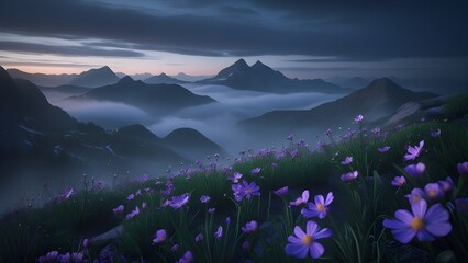 Moody Twilight Mountain Scene with Blooming Flowers &ndash; Cinematic Landscape
