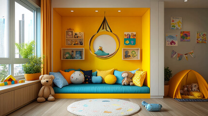 Bright yellow children's playroom with a cozy reading nook and hanging chair and a play tent nearby