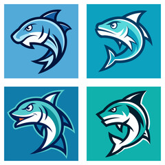 Obraz premium Four stylized shark illustrations in varying shades of blue and teal on square backgrounds image design