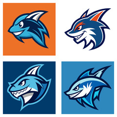 Obraz premium Compilation of four shark head logos with varying colors and styles on square backgrounds design