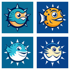 Fototapeta premium Four square panels showcasing cartoon pufferfish with different colors and expressions shown clearly