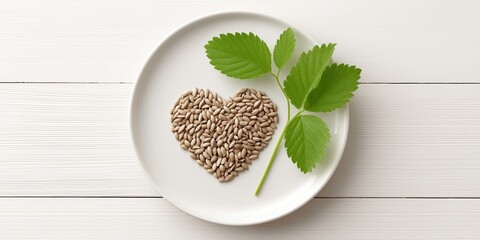 Heart shaped sunflower seeds and green leaf on white plate for healthy eating and natural food concepts.
