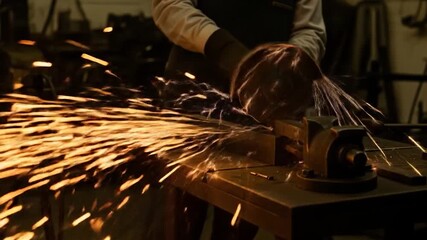 Sparks Fly as Metal is Ground Down by a Grinding Wheel in Workshop