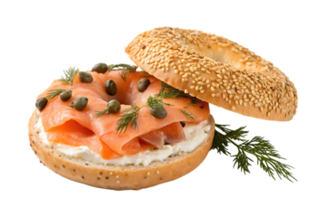 Sesame bagel with smoked salmon cream cheese capers dill image