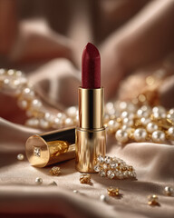Luxurious lipstick on soft velvet fabric with golden and pearl jewelry, creating elegant and glamorous atmosphere. rich color and shimmer evoke sense of beauty and sophistication
