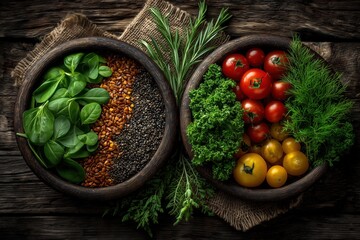 Healthy vegetables seeds and fresh herbs in rustic bowls on wooden table for organic food concepts.