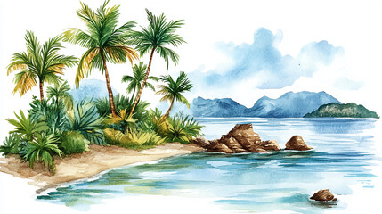 Watercolor painting of a tropical beach with palm trees and mountains in the background on a sunny day