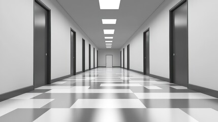 Monochromatic Hallway Perspective with Doors and Geometric Floor Pattern