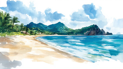 Watercolor painting of a tropical beach with palm trees mountains and ocean waves under a cloudy sky