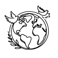Obraz premium Peace doves flying around a globe with leafy accents and outline design 