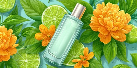 Fragrant perfume bottle surrounded by fresh limes and orange flowers in bright botanical composition.