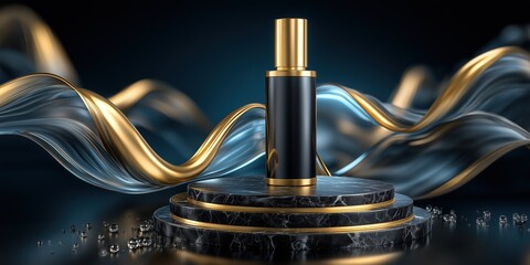Luxury perfume bottle on black marble podium with golden waves and dramatic lighting for high end branding.