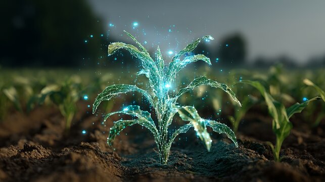 Digital rendering of plant growing in a field, agricultural technology, futuristic farming, data visualization, and sustainable future.