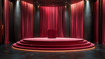 A red velvet stage with curtains and a draped object under spotlights in a dark room setting indoors