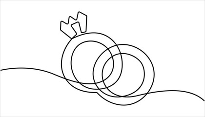 Wedding ring line art vector illustration. Wedding Ring continuous line drawing with color shapes, Wedding rings continuous one line drawing. Hand drawn proposal engagement and love marriage concept.