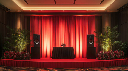 Red curtain backdrop with speakers and floral arrangements on a stage setting for an event space
