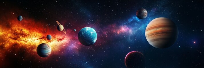 Colorful planets and nebulae are forming a beautiful and mysterious universe in the vastness of outer space, making a stunning cosmic landscape