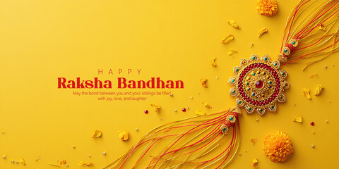 A colorful Raksha Bandhan festival greeting featuring an ornate Rakhi surrounded by petals and decorative elements on a warm yellow background, symbolizing love and bonding among siblings.