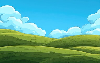 Obraz premium Lush green hills under a vibrant blue sky, dotted with fluffy white clouds