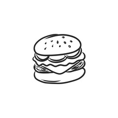 Hand-Drawn Black and White Juicy Hamburger Outline Illustration