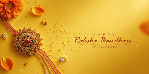 A colorful Raksha Bandhan festival greeting featuring an ornate Rakhi surrounded by petals and decorative elements on a warm yellow background, symbolizing love and bonding among siblings.