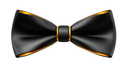 A sleek black bow tie with gold trim isolated against a solid on a transparent background