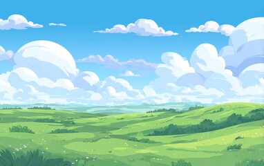 Fototapeta premium Vast, grassy plains under a vibrant blue sky