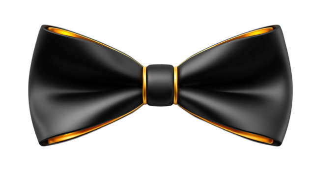 A sleek black bow tie with gold trim isolated against a solid on a transparent background