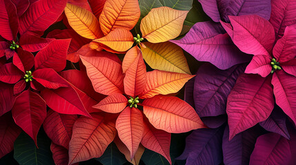 A vibrant close up of colorful poinsettias displaying shades of red orange yellow and purple hues