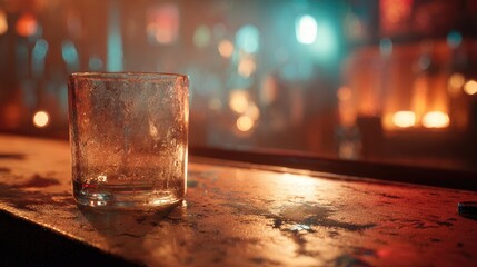 Empty glass on a bar top, city lights blurred