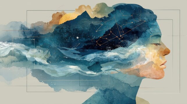 World Mental Health Day poster. stylized human profile filled with abstract layered landscapes - ocean waves, mountains, starlit sky, flowing lines and brush textures