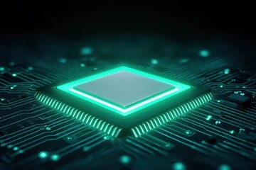 Artificial intelligence concept, glowing AI chip integrated on motherboard with neon circuits, next-gen computing, for Advertise, for banner, with copy space