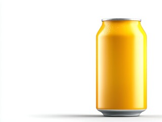 Fototapeta premium Condensation covered glossy yellow beverage can with silver top and bottomwhite surface