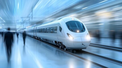 Fototapeta premium Dynamic railway hub train in motion at bustling commuter station
