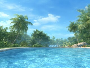 Obraz premium Luxury poolside paradise waterfall bliss amidst tropical palm trees tranquil