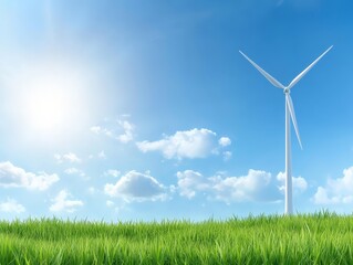 Fototapeta premium Majestic wind turbine harvesting clean energy in lush green field under bright blue sky