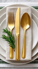 Elegant gold cutlery set on napkin and plate with rosemary for luxury dining and holiday celebration.