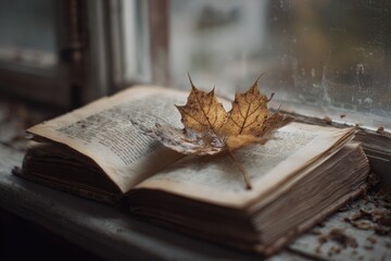 Aged book, autumn leaf on windowsill