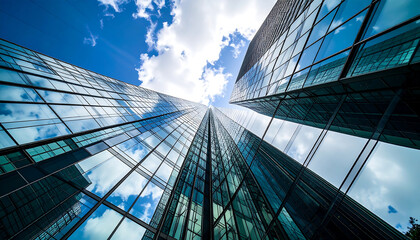 Obraz premium A low-angle, worm's-eye view of multiple contemporary glass skyscrapers towering