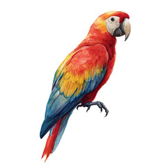 Fototapeta premium Watercolor red yellow blue macaw parrot hand painted exotic bird illustration white background tropical wildlife colourful animal art nursery decor wall art print