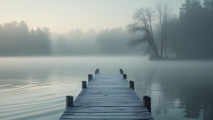 Fototapeta premium A quiet dock stretching over a foggy lake at dawn, soft ripples in the water, distant trees blurred in mist