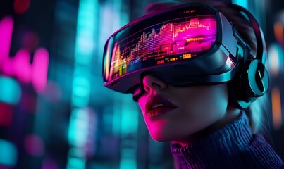 Young woman wearing virtual reality headset with financial chart reflection in neon lit environment, cyberpunk style gaming and trading concept.