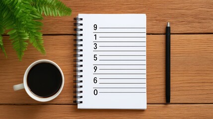 Daily planning concept, notebook with numbered plan next to coffee and graphs on office desk, for Advertise, for banner, with copy space