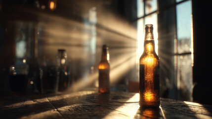 A glass beer bottle stands on a wooden table in warm sunlight streaming through a window. Shadows and light highlight the texture of the surface and the bottle.