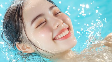 Naklejka premium Smiling woman refreshes in sparkling water portrait of summer joy smiling