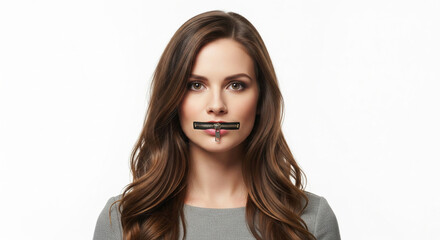 Woman with zipped mouth, isolated on white background