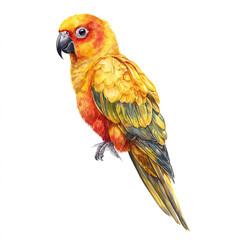 Fototapeta premium Watercolor illustration yellow parrot with orange and green feathers tropical bird isolated on white background