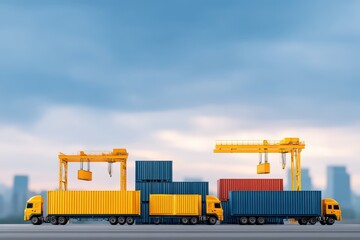 Shipping freight concept, container trucks and cranes working at international cargo terminal with clear sky, for Advertise, for banner, with copy space